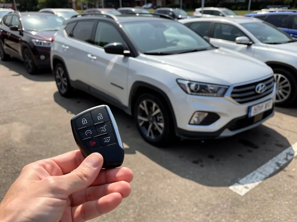 Technician troubleshooting a key fob signal near a vehicle